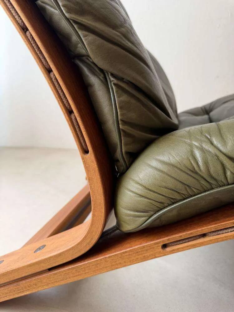 Scandinavian armchair Rybo Rykken Solheim green leather teak