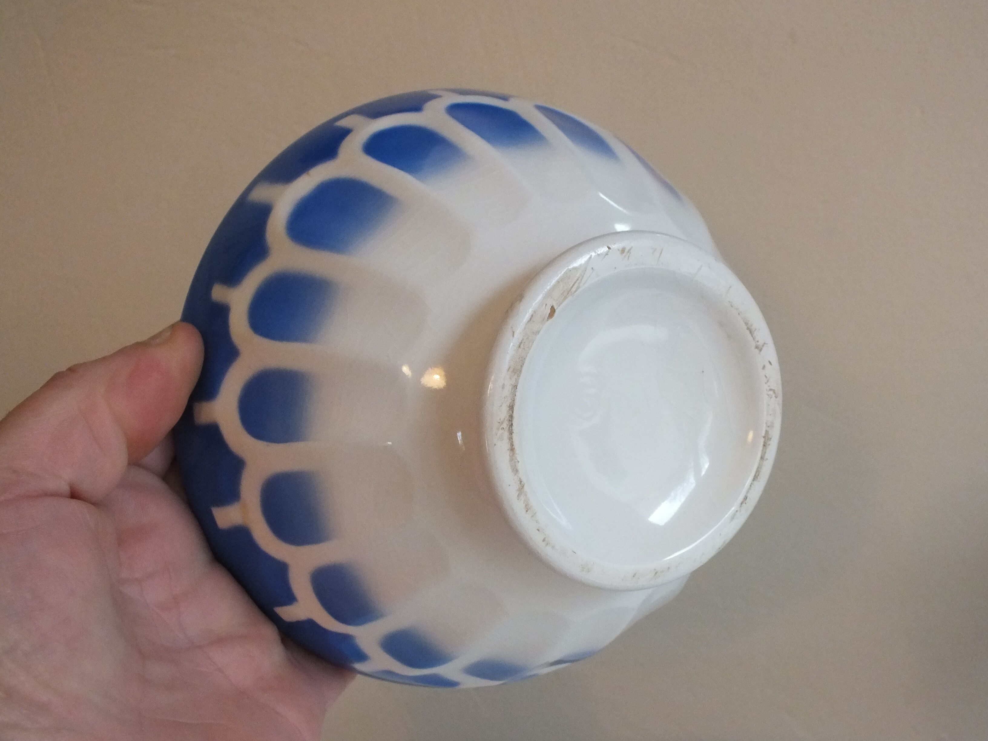 Vintage blue ribbed bowl on pedestal