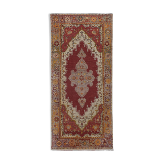 Vintage Red and Pink Turkish Oushak Rug - Kitchen Rug 3'5" X 7'4"