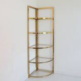 Vintage 1970s gold metal and plexiglass corner shelf
