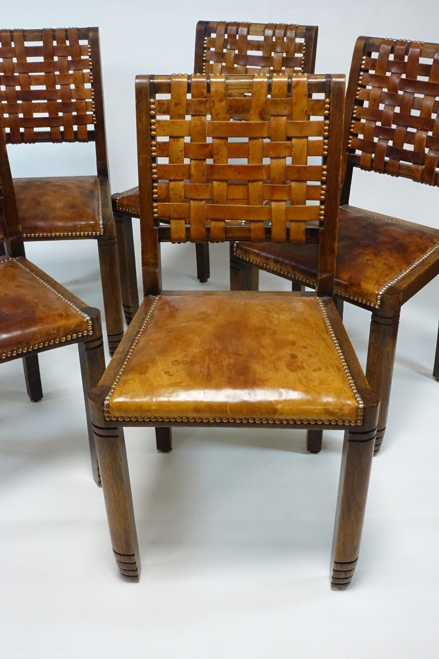 6 chairs brutalist 50s leather and wood