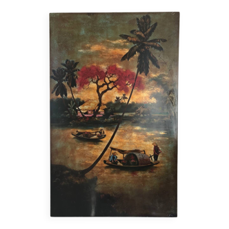 Sunset over the junks. Vietnamese school.