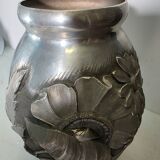 Art Deco vase in repoussé tin Signed Houzeaux Floral decoration 30 cm