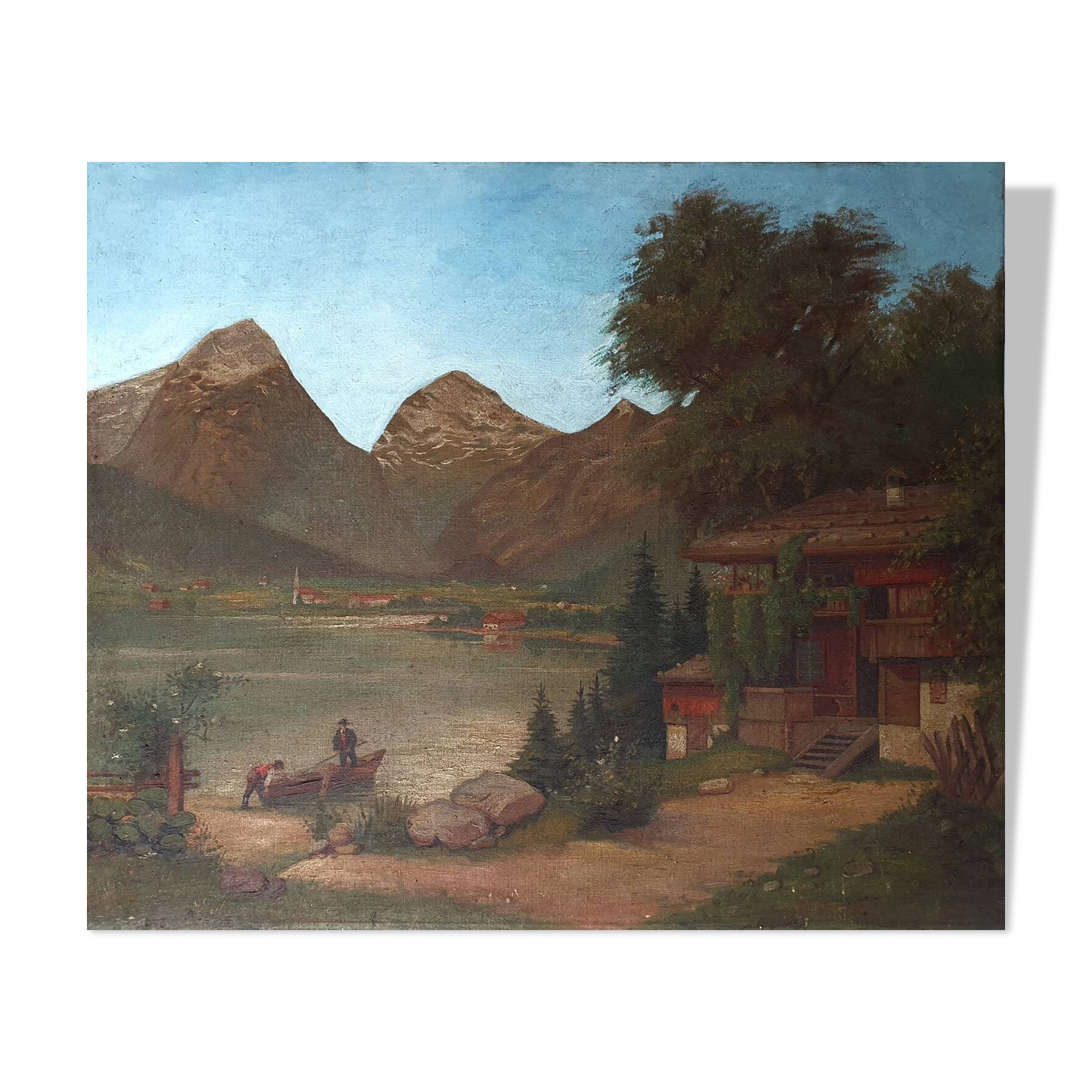 Tableau ancien Lac de montagne animé Signé Lombaere