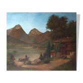 Old painting Animated mountain lake Signed Lombaere