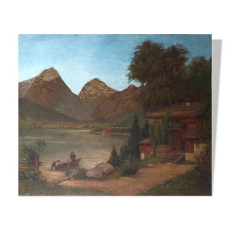 Old painting Animated mountain lake Signed Lombaere