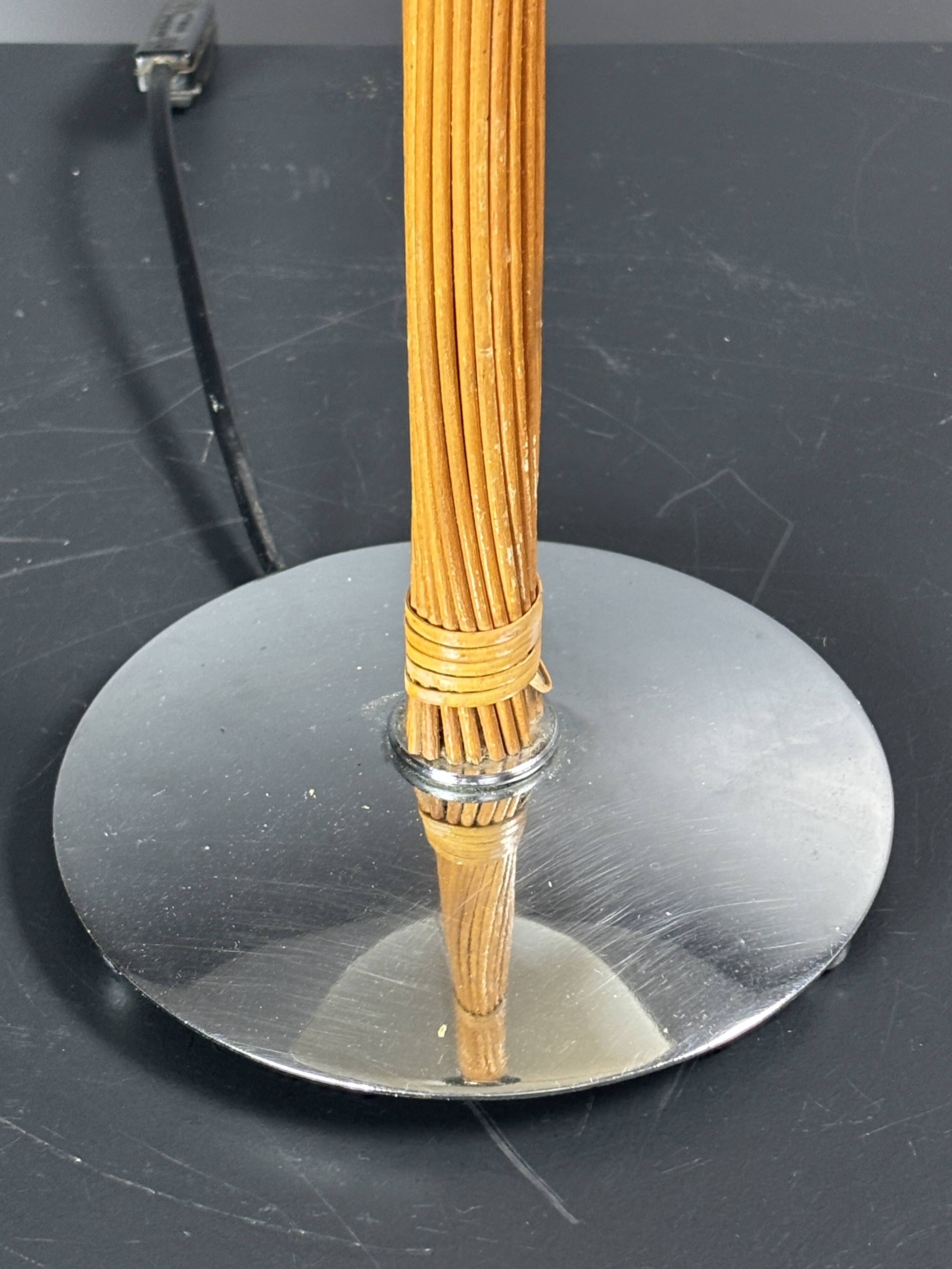 Set of 2 pencil reed rattan bamboo and chrome table lamps, 1980s