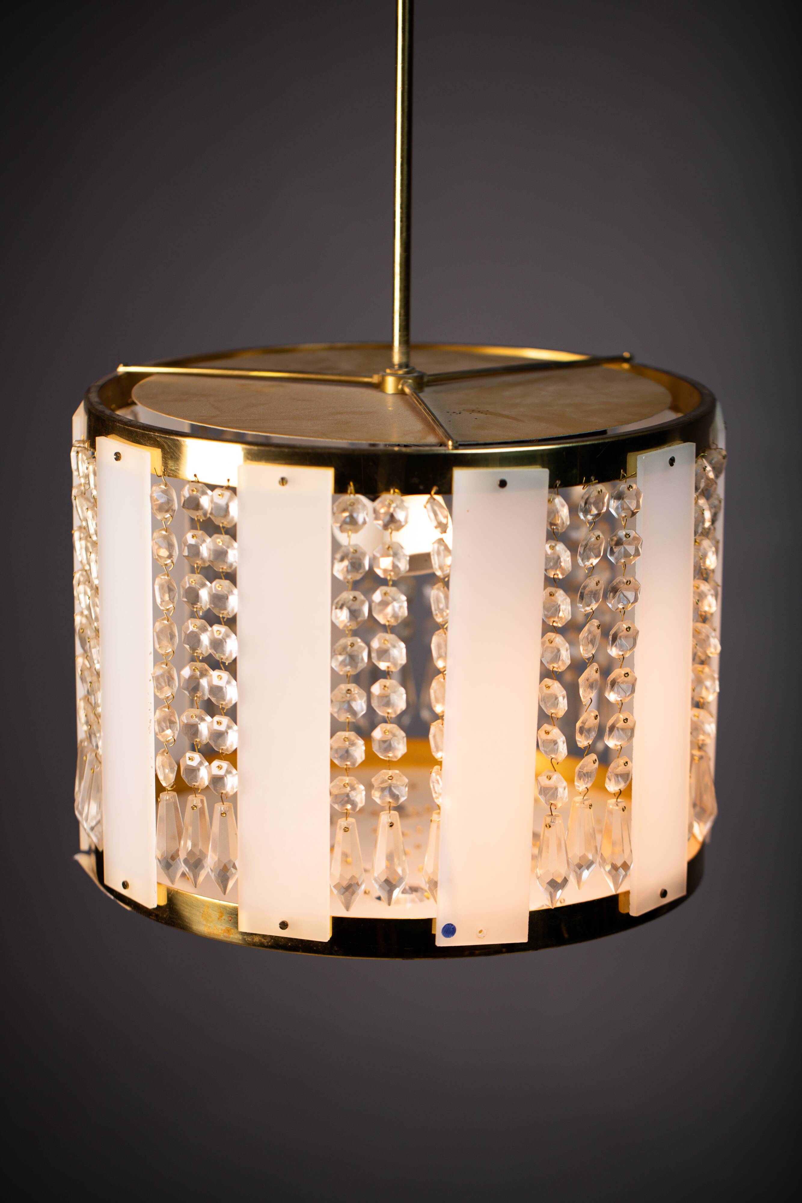 Vintage Crystal Chandelier: 1970s Czech Brass Glass Pendant Light