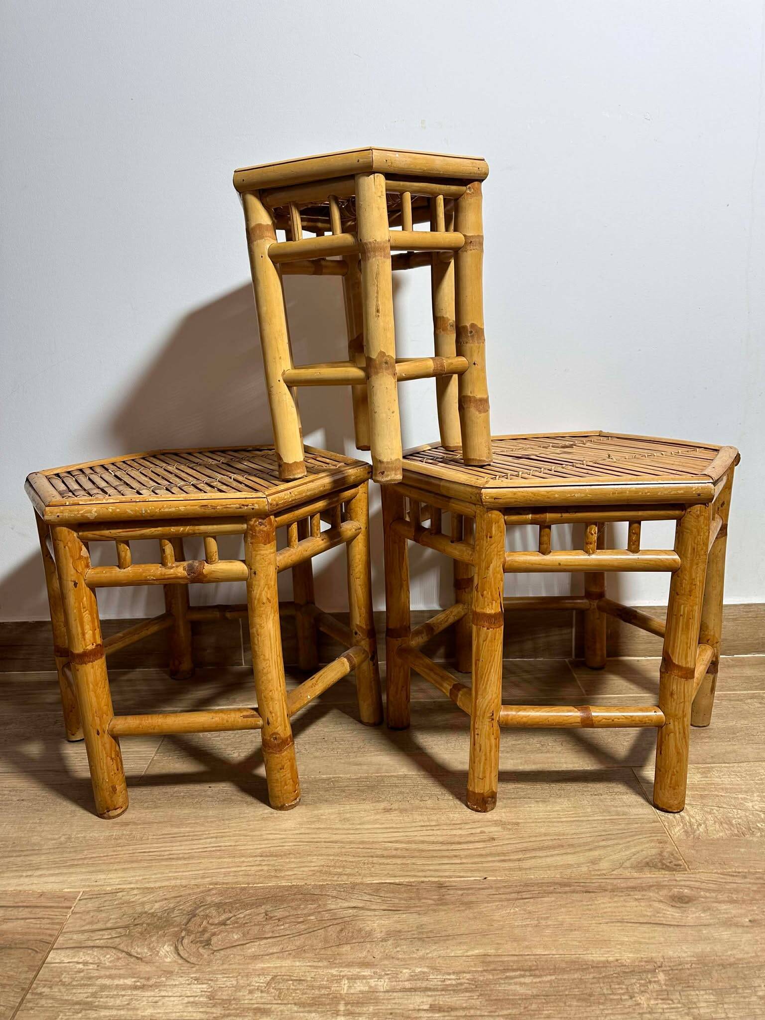 Vintage Boho Mid Century Bamboo Hexagonal Side Coffee Tables Flower Stools