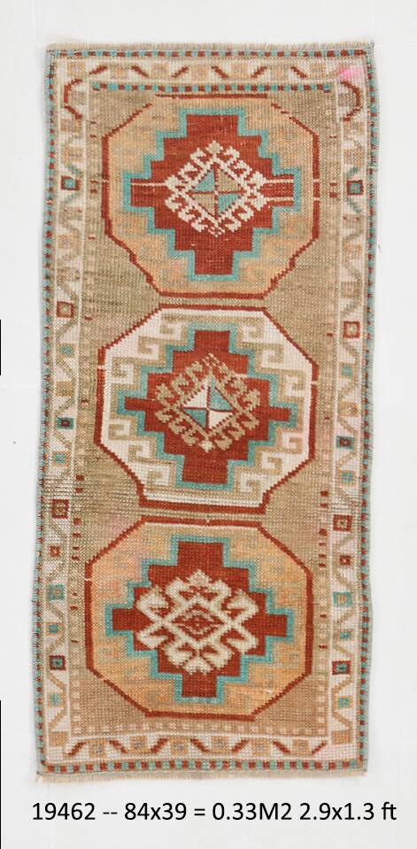 Red Cream Oriental Turkish Vintage Rug, 39x84Cm