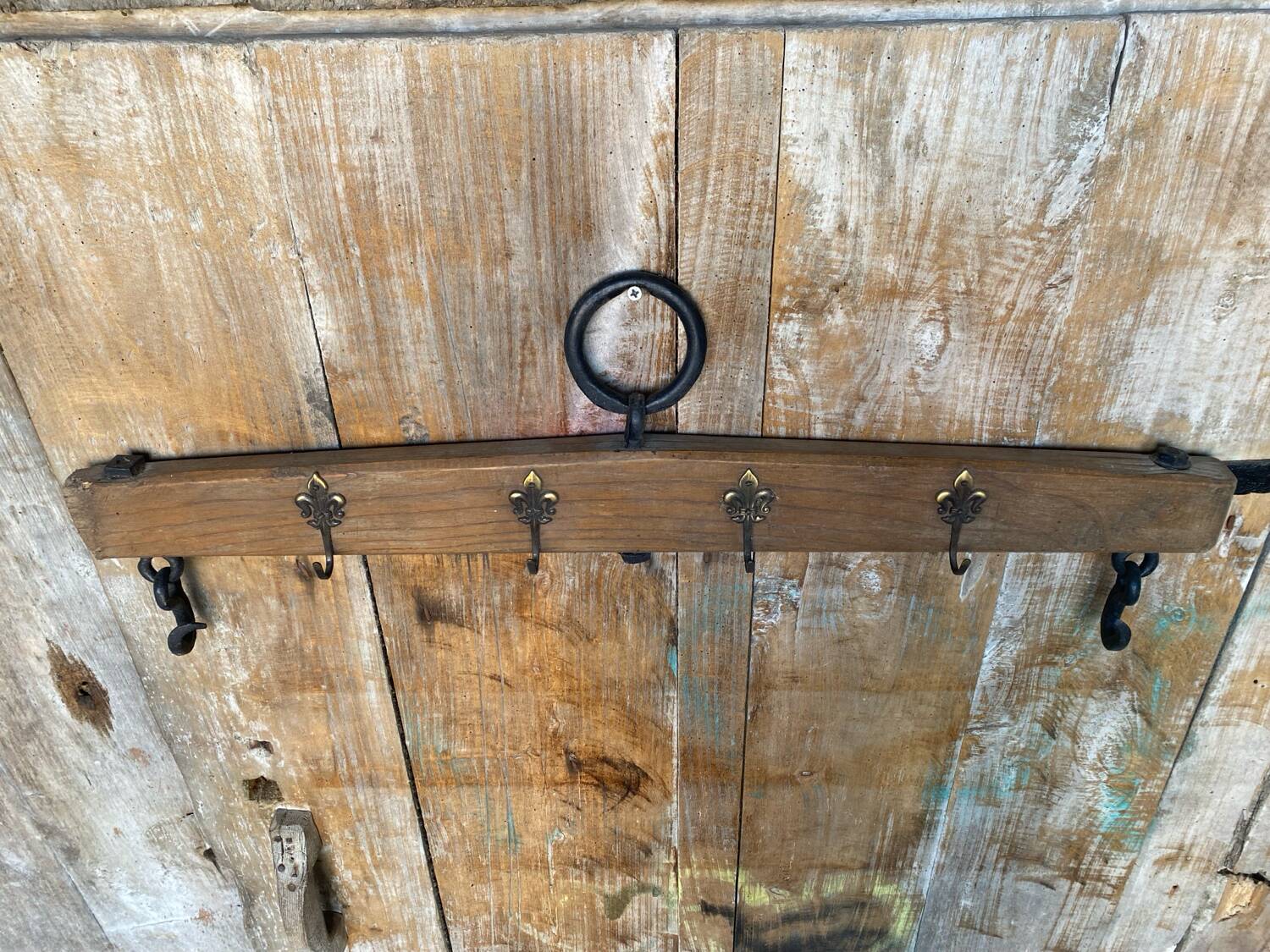Ancien porte manteau mural palonnier attelage cheval bois + patères métal
