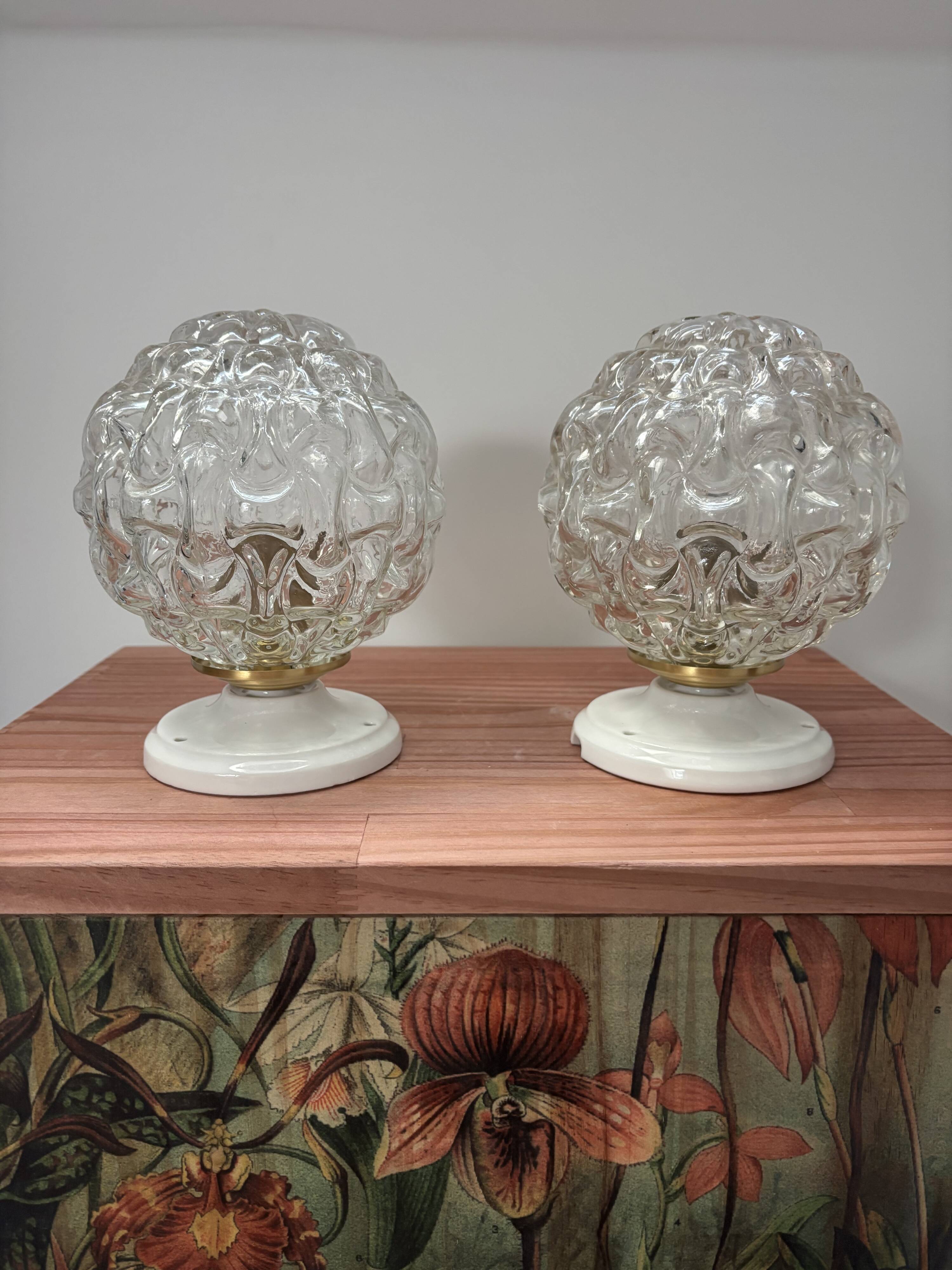 Pair of vintage globe wall lights in cut glass