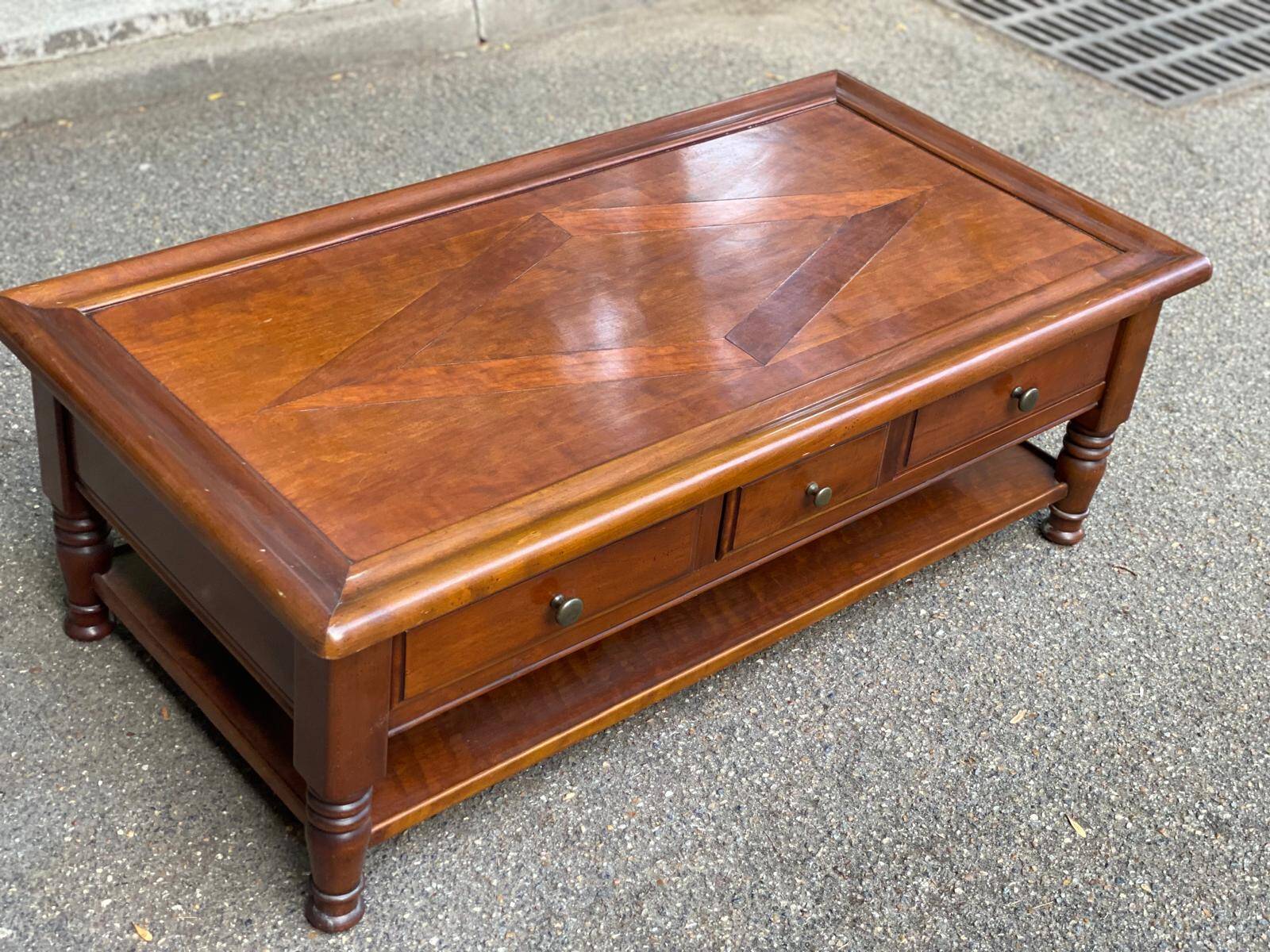 Solid cherry coffee table with 3 drawers in Louis Philippe style, 1980.