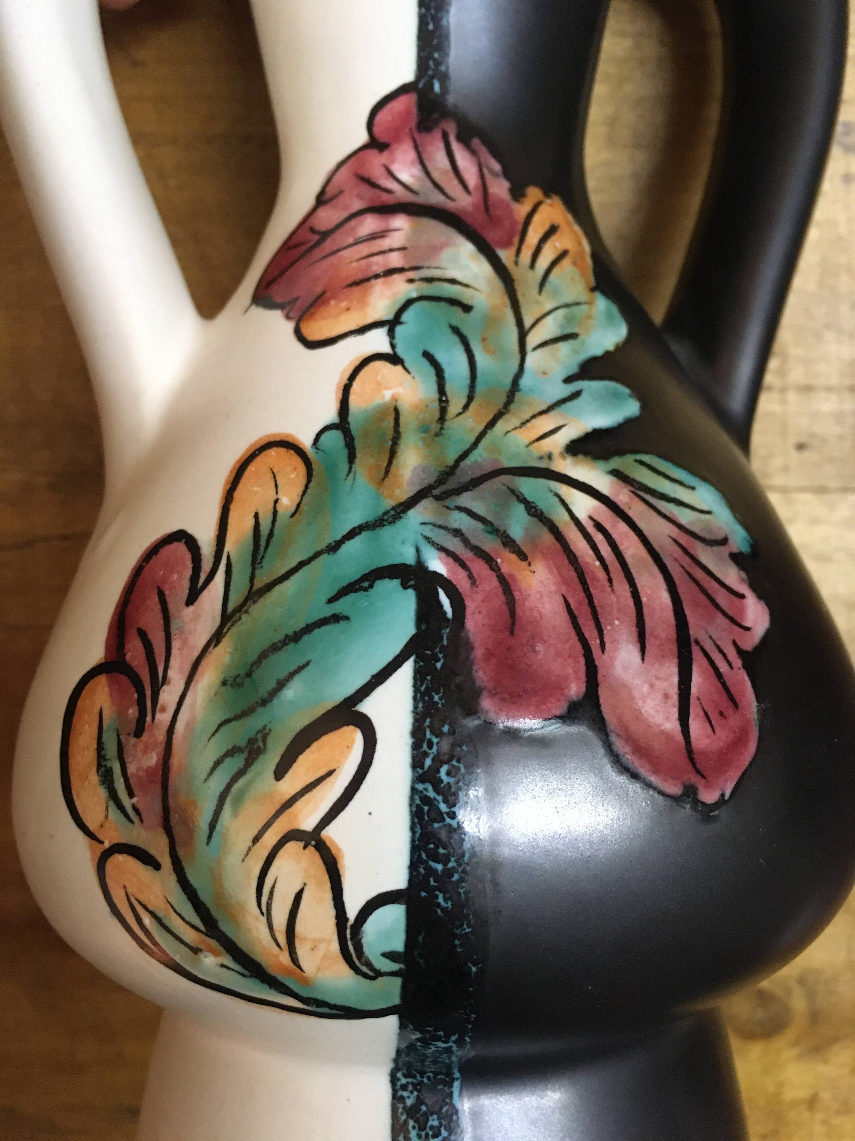 Black and white Vallauris vase, H. Caillet flower, vintage graphic 1960 1970