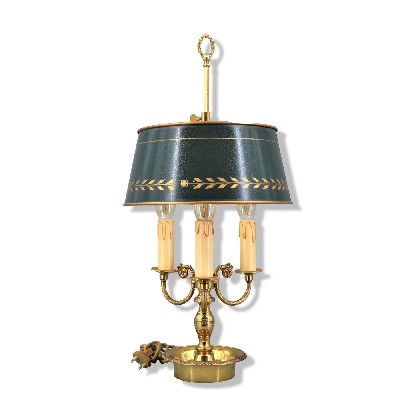 Louis XVI style bronze hot water bottle lamp, Three lights, Lampshade painted in cracked green