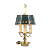 Lampe bouillotte en bronze de style Louis XVI, Trois lumières, Abat-jour peint en vert Craquelé