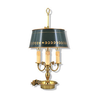Louis XVI style bronze hot water bottle lamp, Three lights, Lampshade painted in cracked green