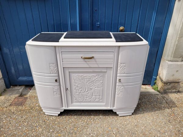 Buffet Art Déco 1930 motifs floraux dessus marbre