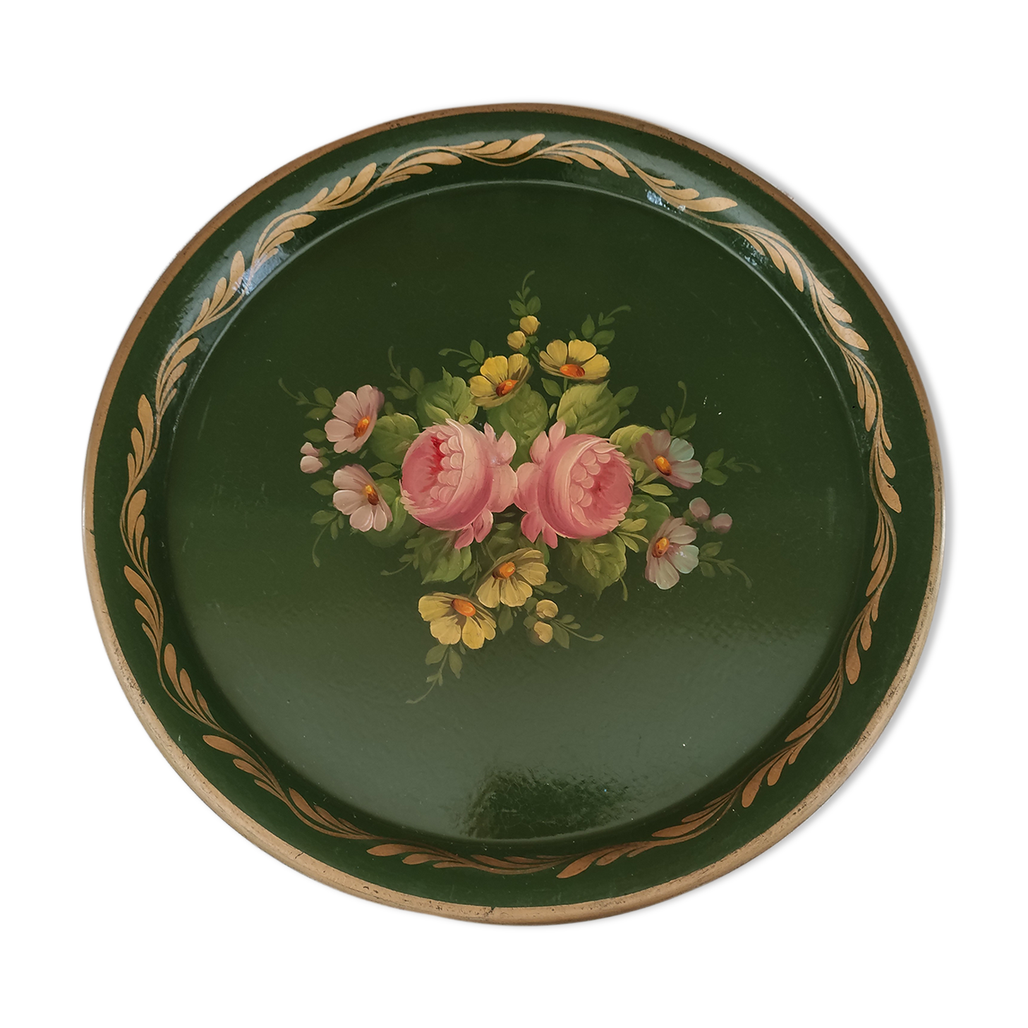 Russian tray in hand-painted sheet metal decoration old pink twigs and gilded border