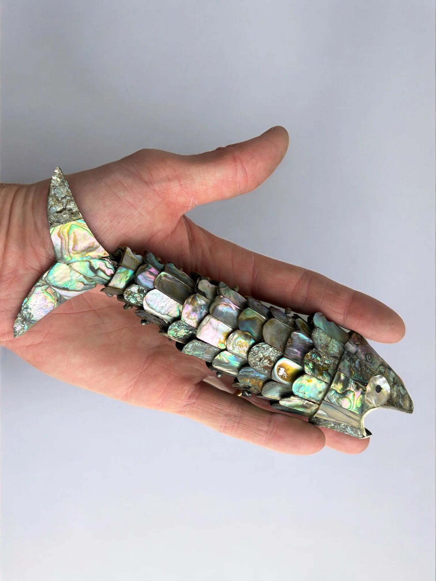 Articulated abalone shell and brass fish bottle opener, Mexico, 1980s, 18 cm