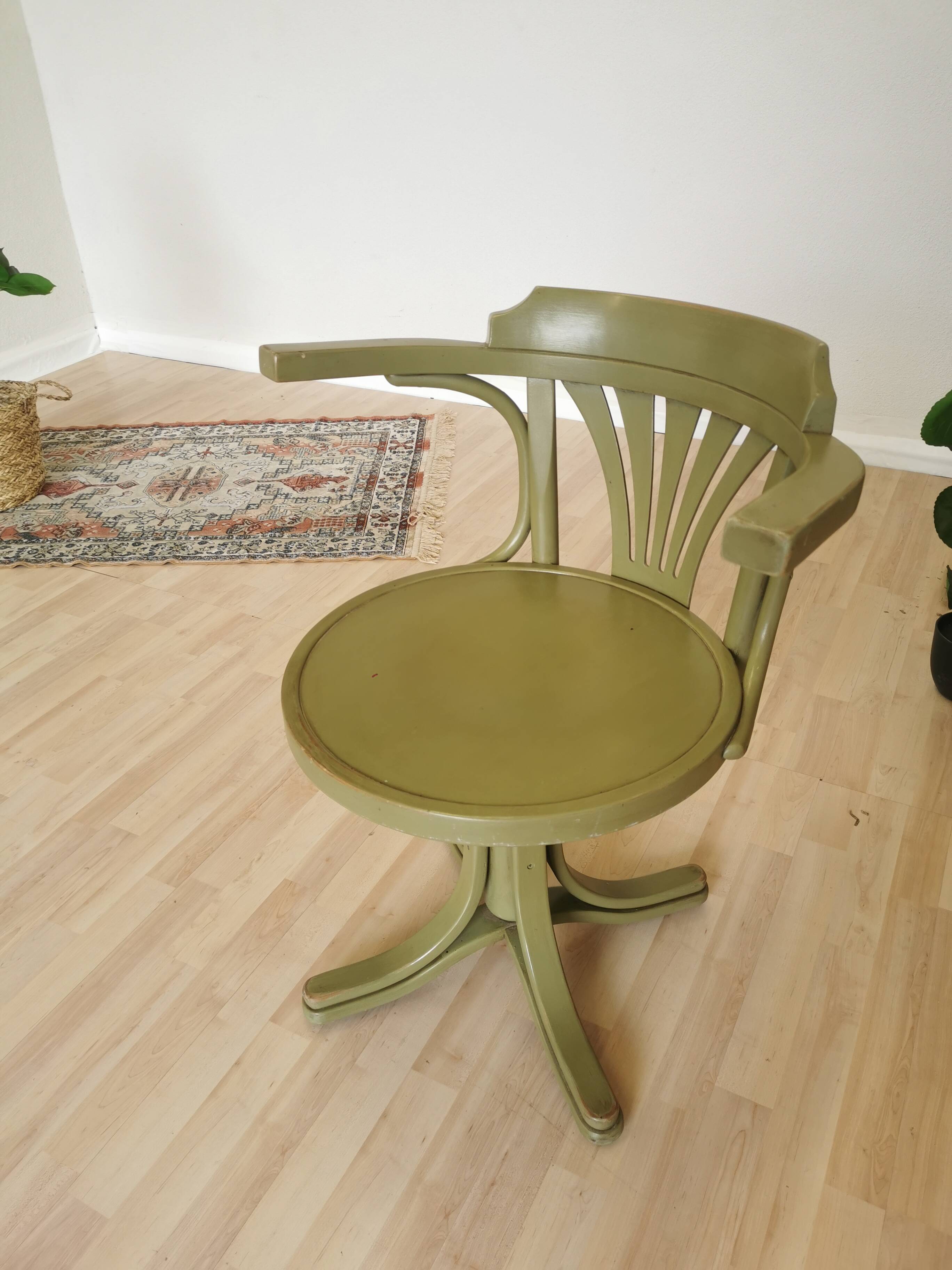Vintage Thonet Style Bentwood Swivel Chair - Olive Green Retro Armchair