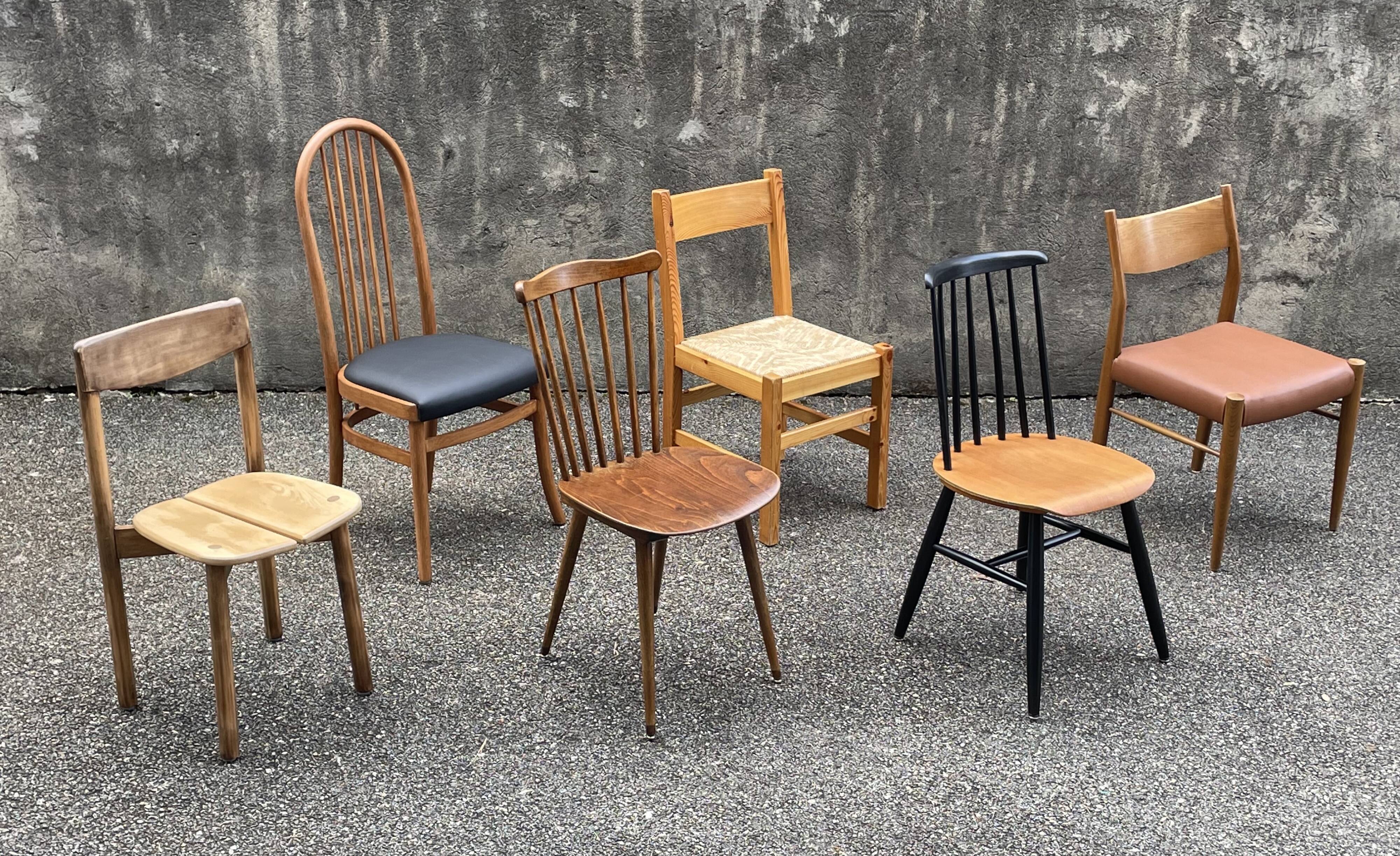 Series of 6 mismatched vintage chairs