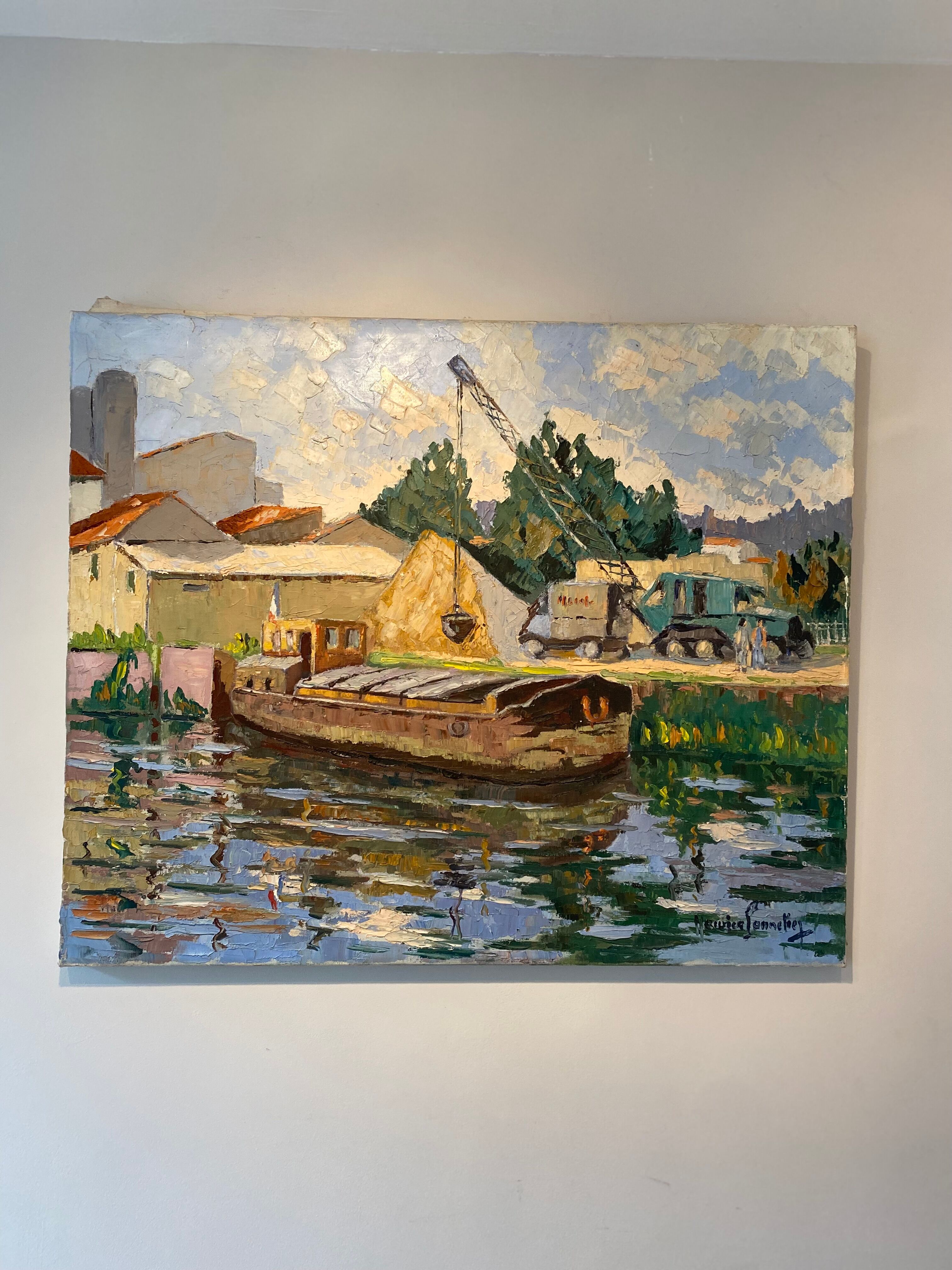 Tableau ancien, péniche à quai, signé Maurice Pannetier, années 70/80