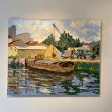 Old painting, barge at the dock, signed Maurice Pannetier, 70s/80s