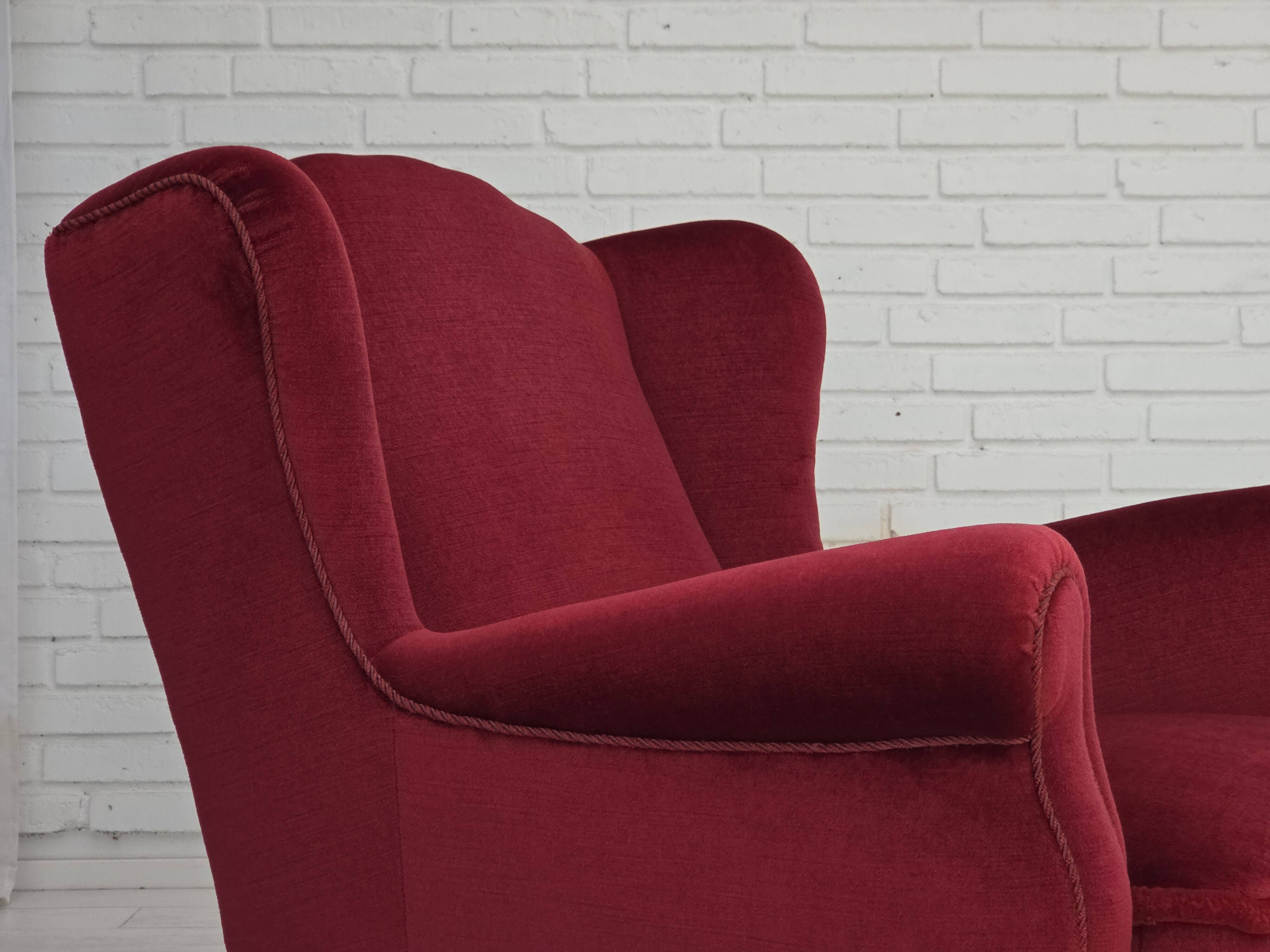 1960s, Danish armchair, red furniture velour, beech wood legs.