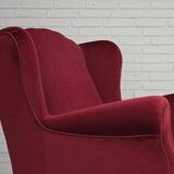 1960s, Danish armchair, red furniture velour, beech wood legs.