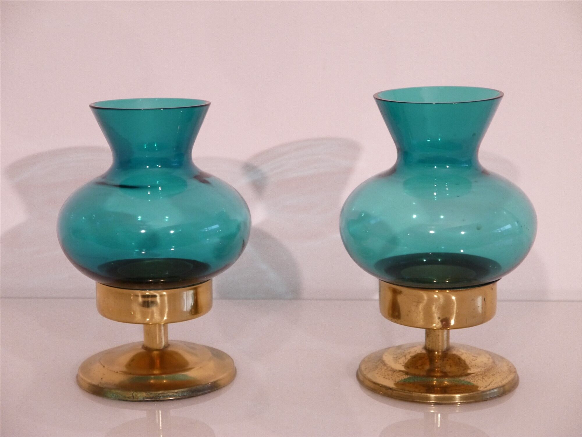 Pair of Scandinavian candlesticks in brass and coloured glass