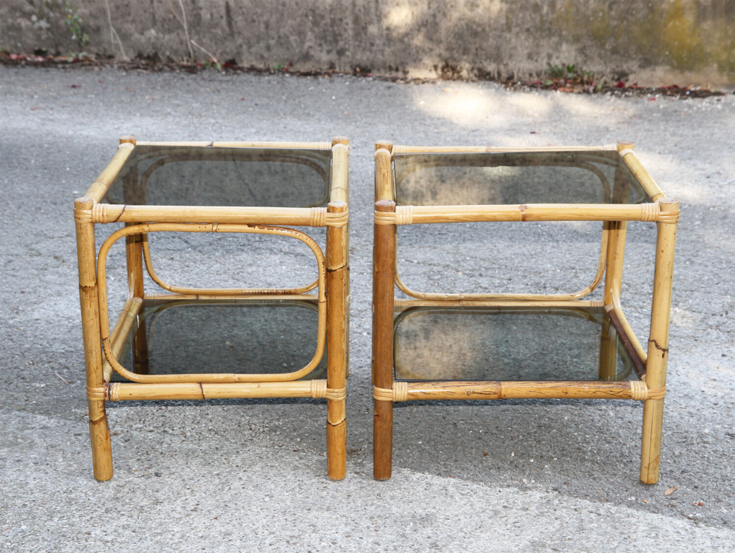 Pair of bamboo and smoked glass vintage bedside tables