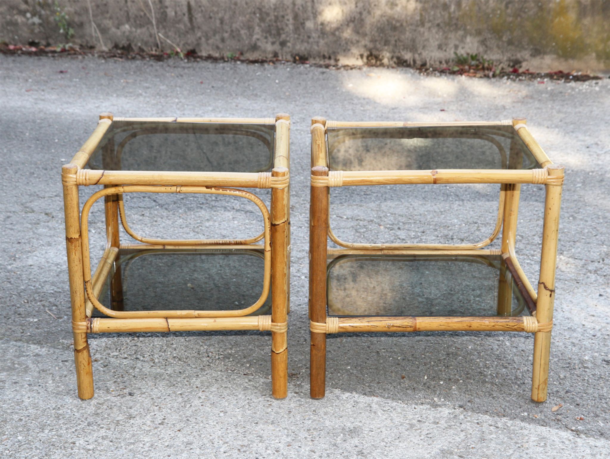 Pair of bamboo and smoked glass vintage bedside tables
