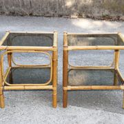 Pair of bamboo and smoked glass vintage bedside tables