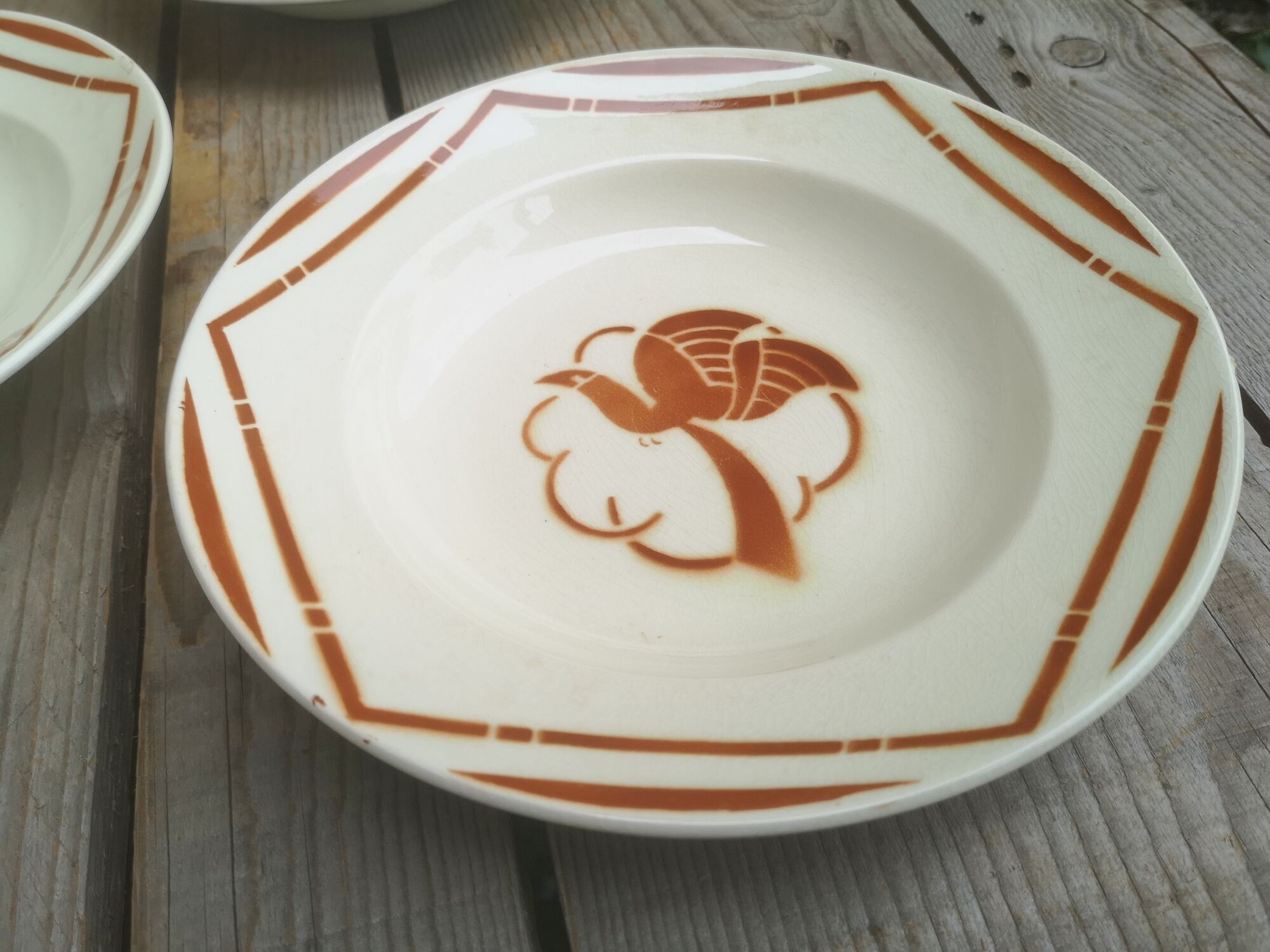 Set of 5 hollow plates signed Badonviller Collection Paradise bird décor