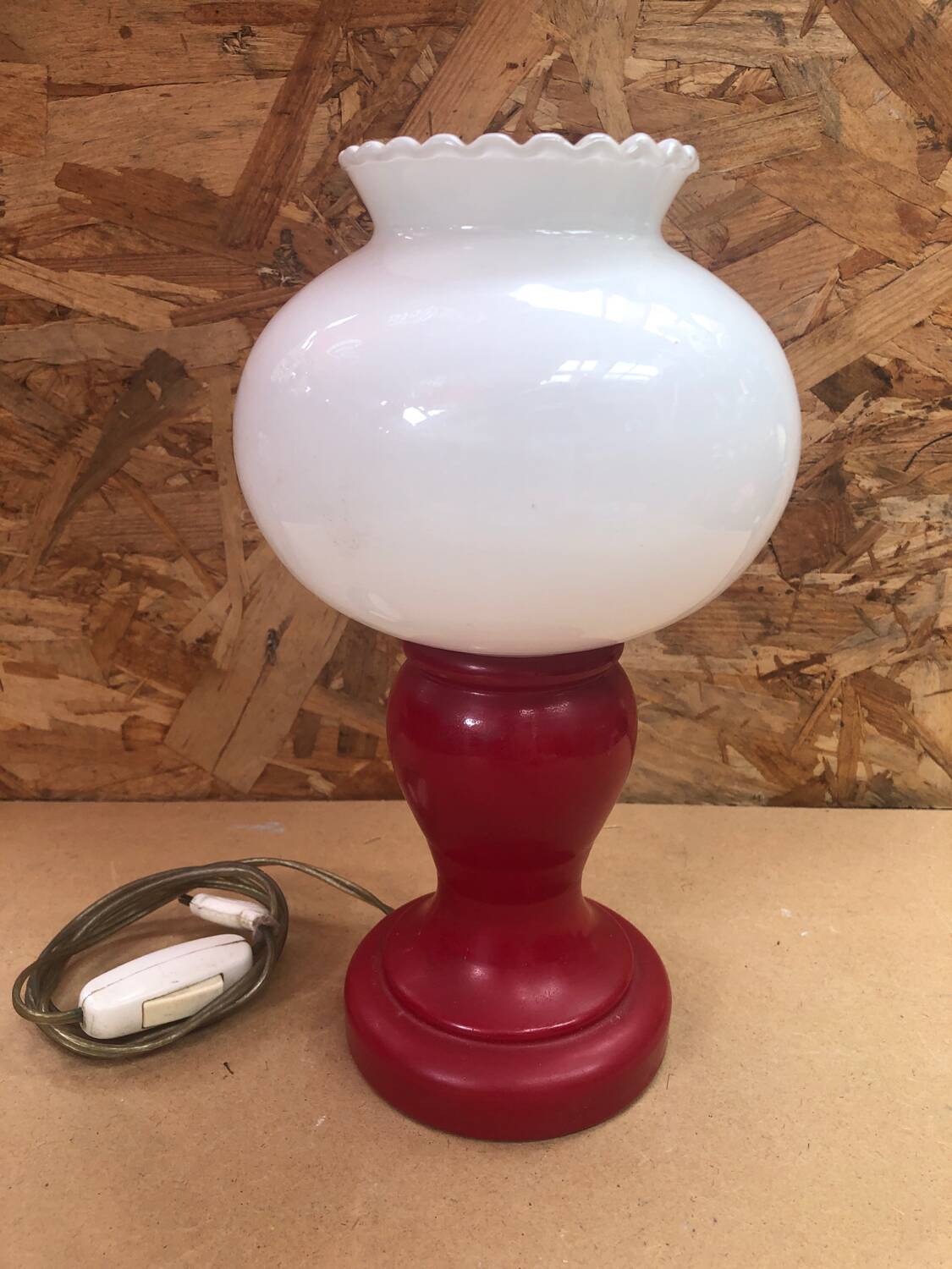 Pair of Old Red & White Opaline Bedside Lamps 1970s Vintage #A982