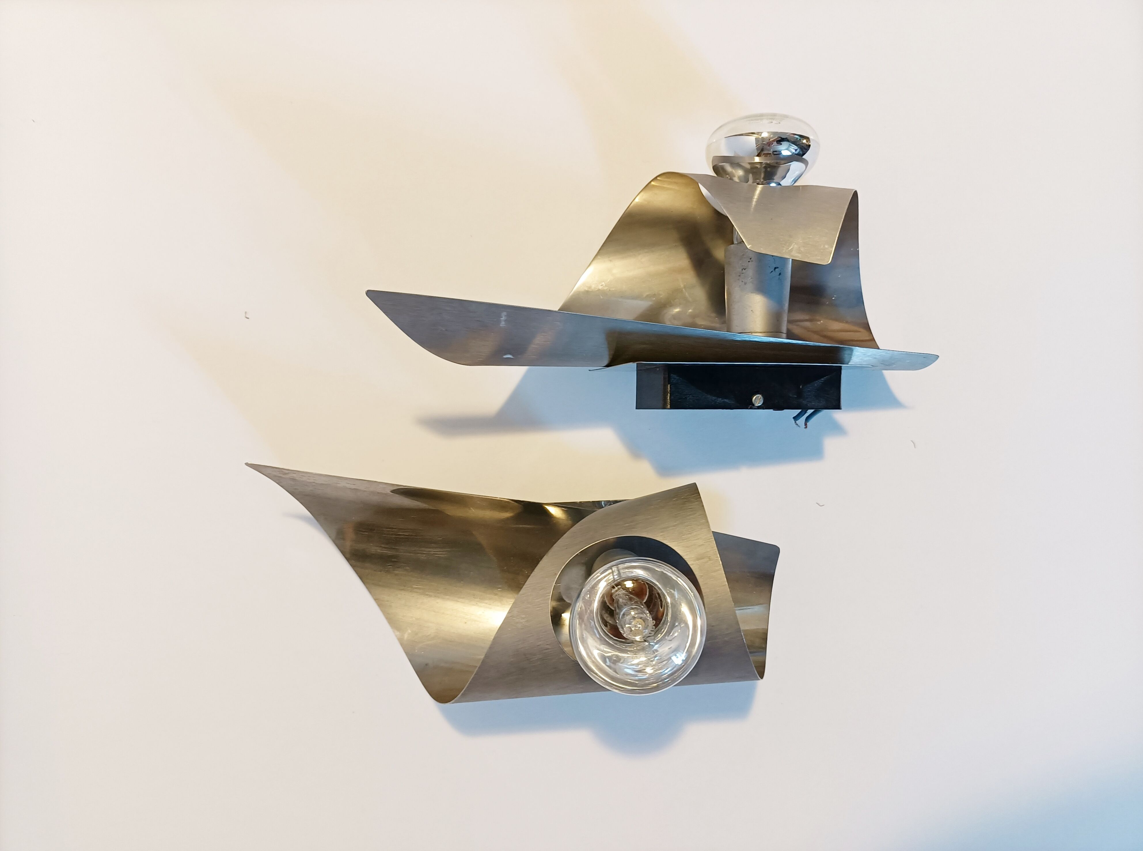 Pair of brushed aluminum sconces UFO 1970