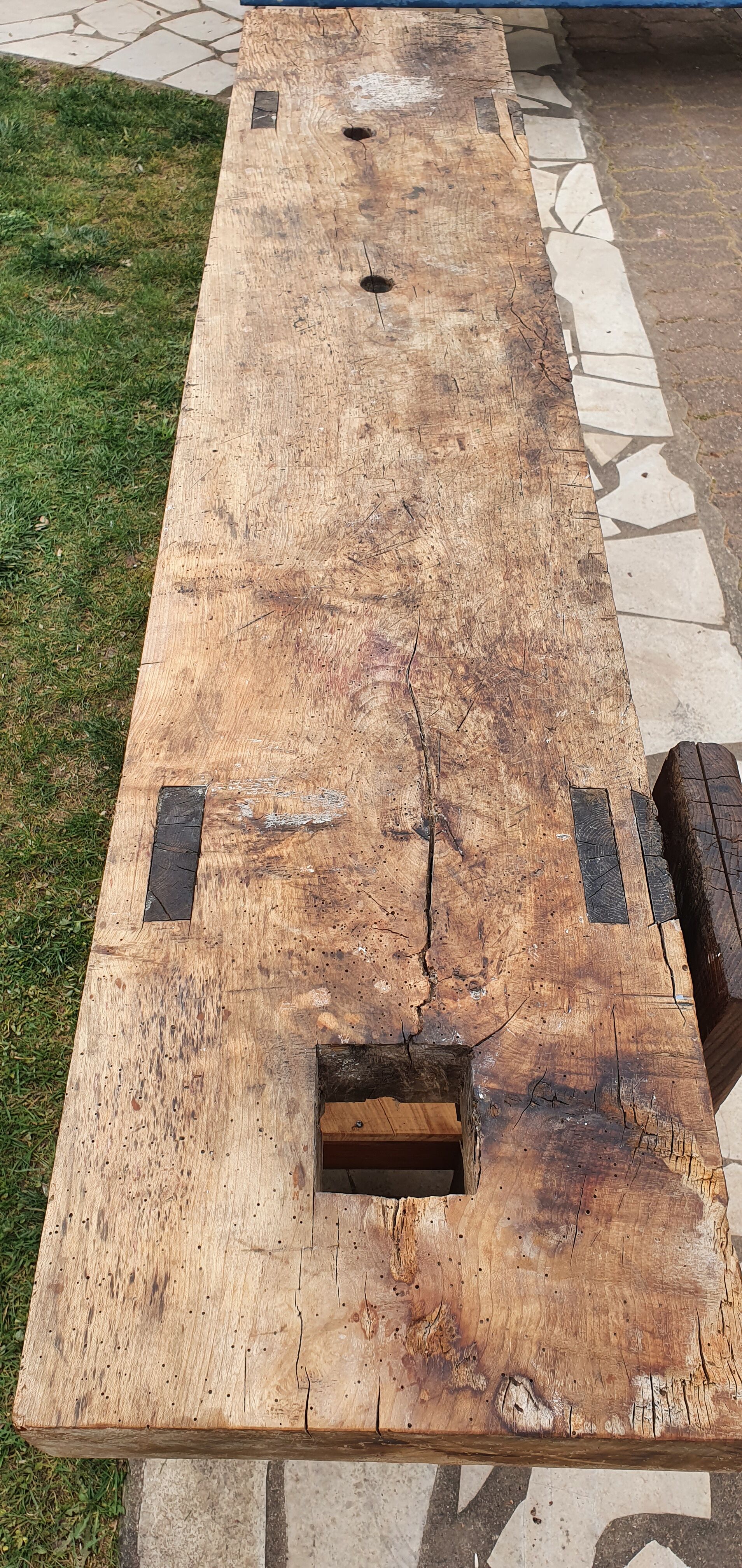 Old elm workbench, elm magnifying glass and oak. Renovated and pampered. 190cm.