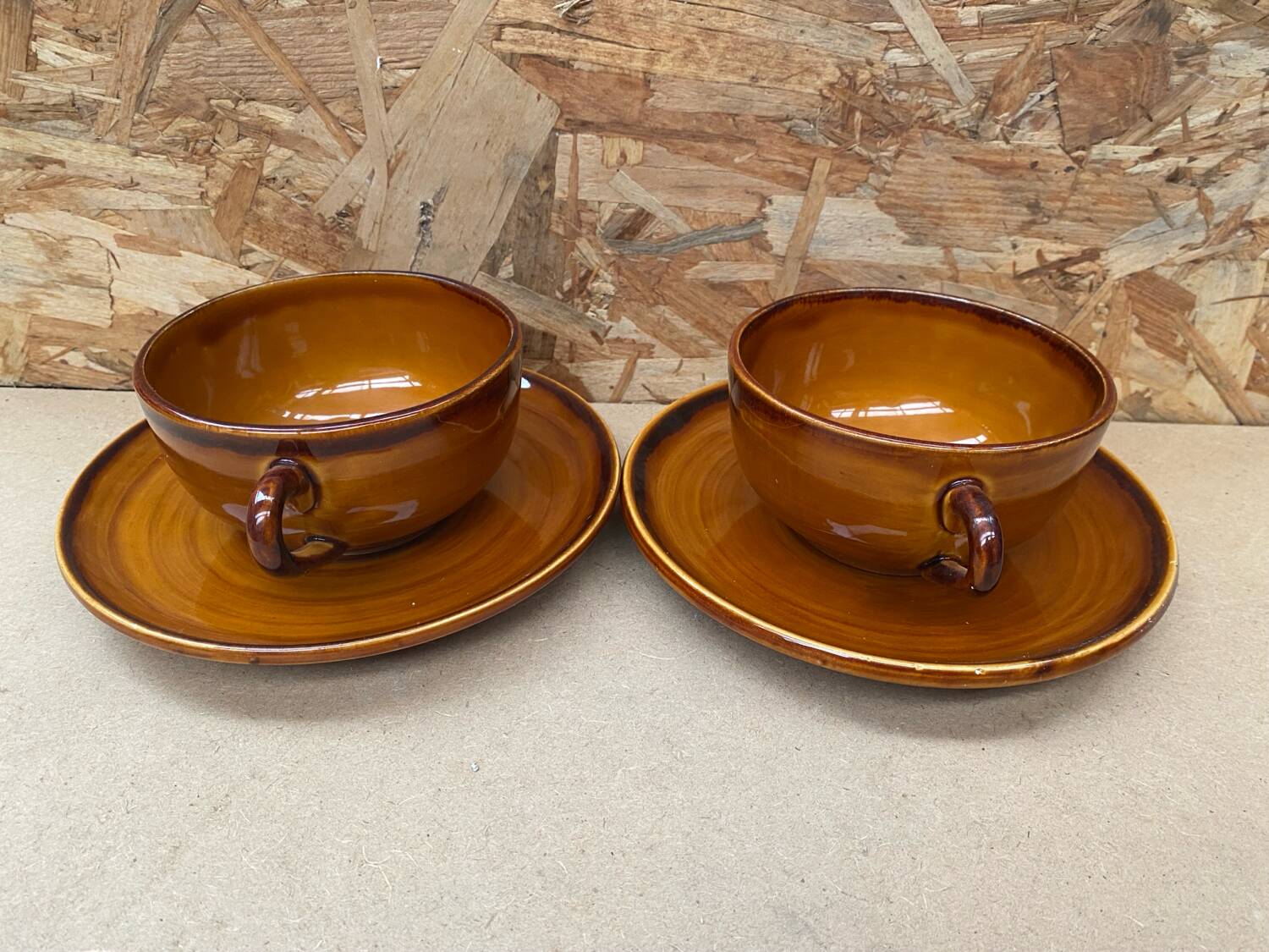 Pair of antique cups + saucers st clement ceramic brown vintage #b615