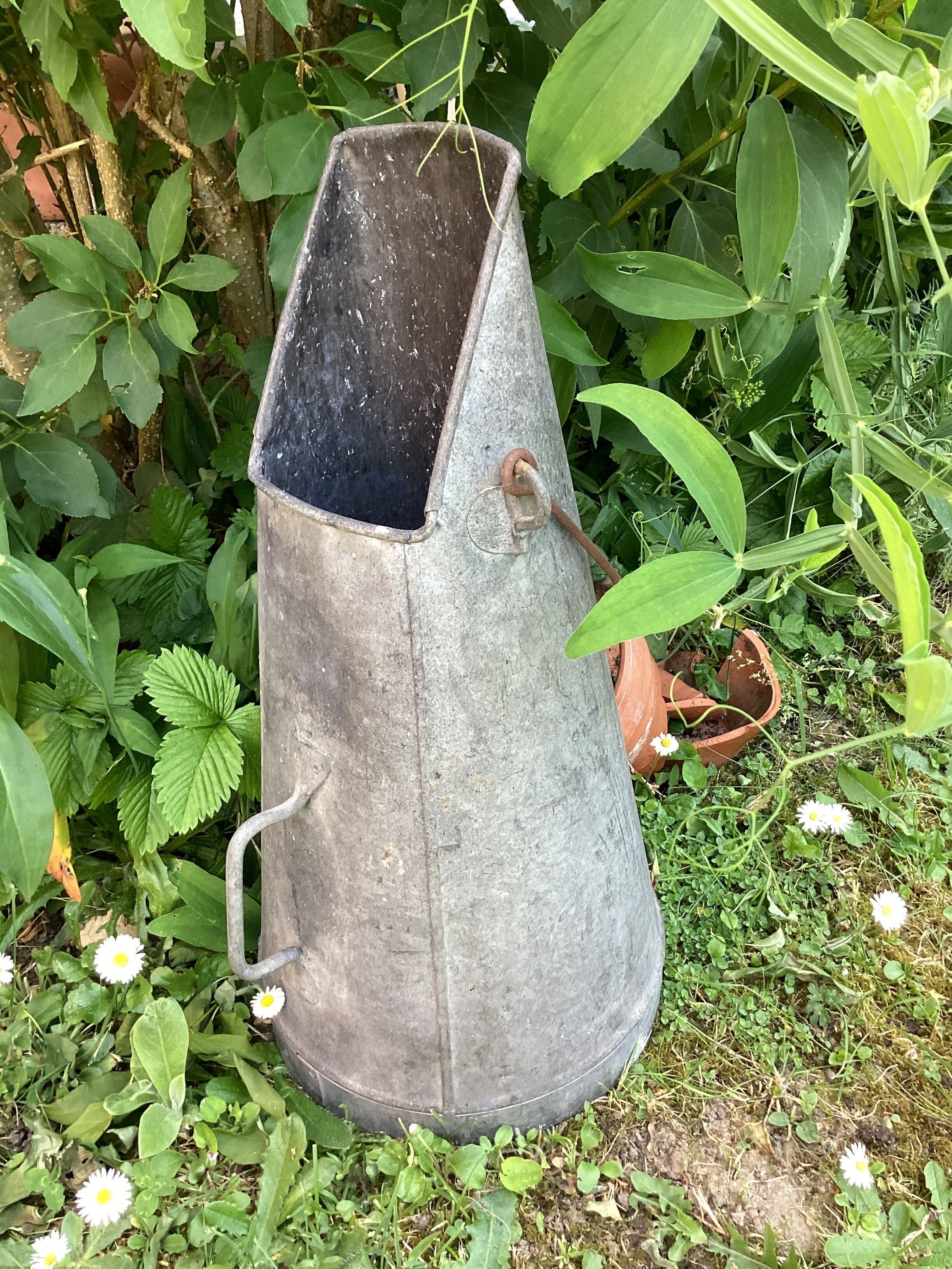Vintage galvanized zinc coal bucket, conical shape, dimensions: height -50cm - width -25cm