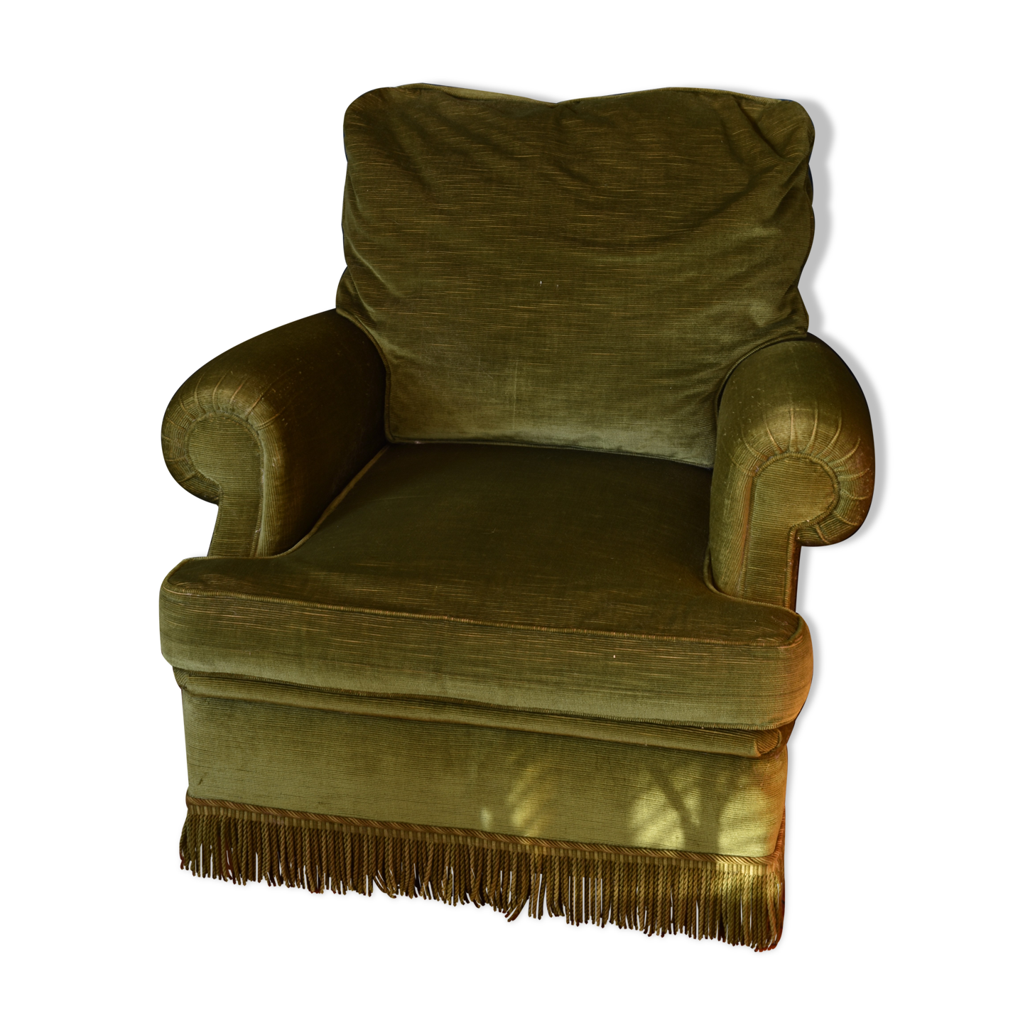Vintage armchair green velvet fringes