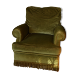 Fauteuil vintage vert velours franges