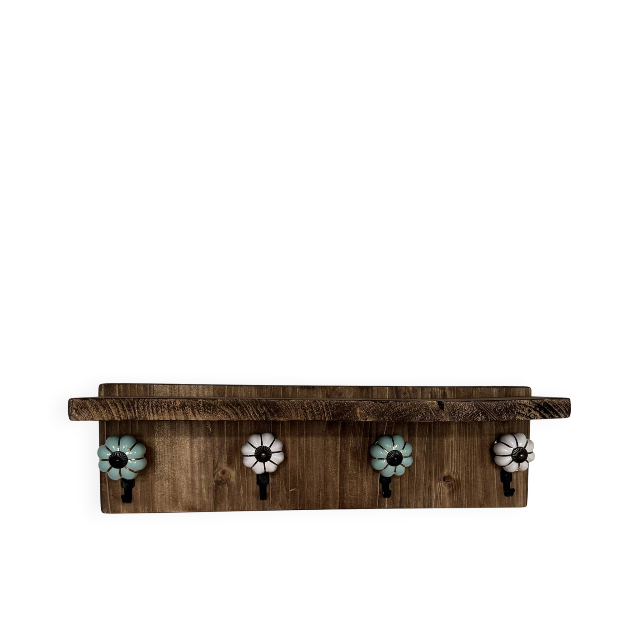Wooden key holder shelf with hooks and ceramic knobs