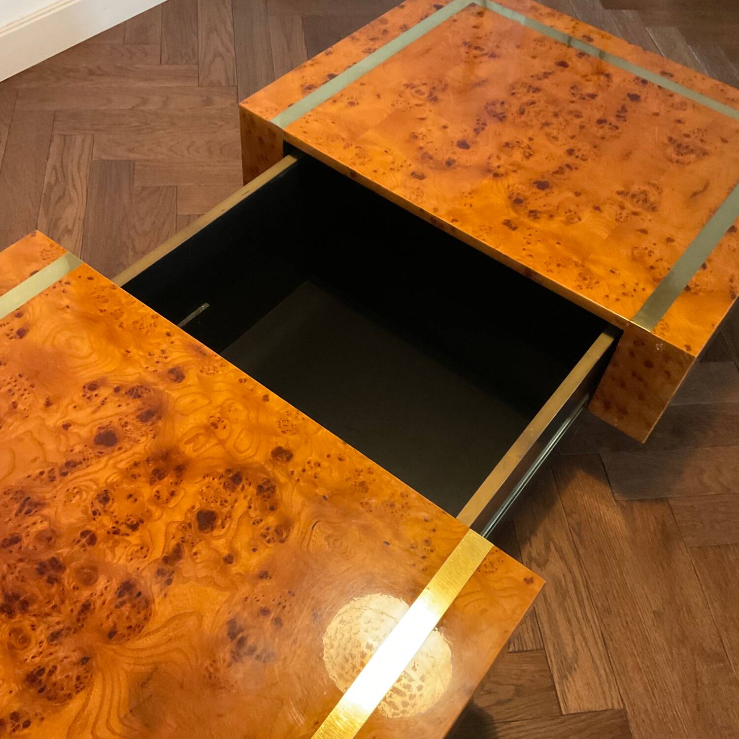 Jean-Claude Mahey coffee table in vintage 70s burr walnut
