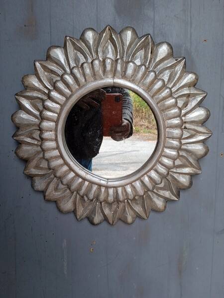 Carved wood sun mirror 40cm silver ep 1960