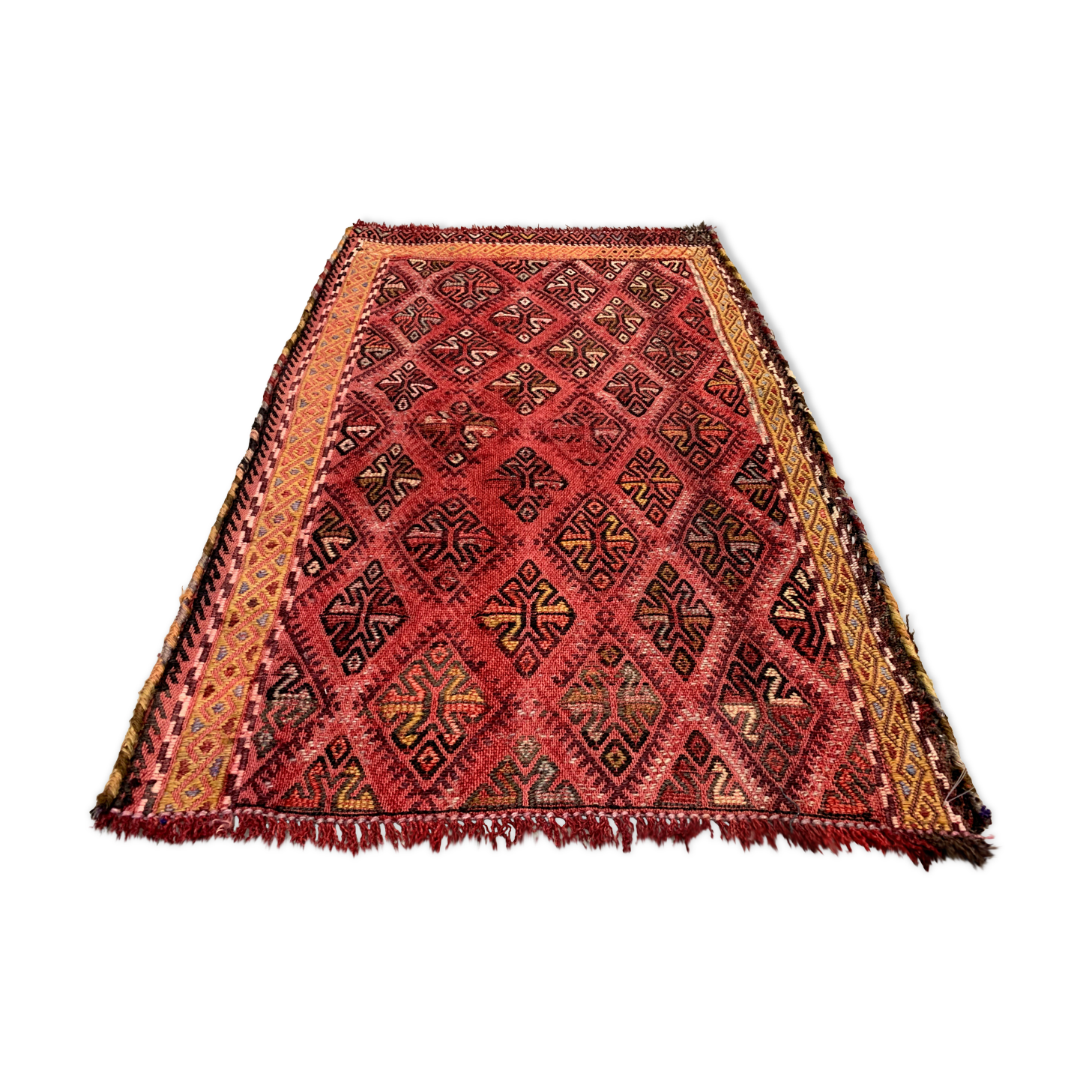 Vintage Turkish Mini Kilim 93x58 cm Shabby Wool Small Kelim Rug Black,Red