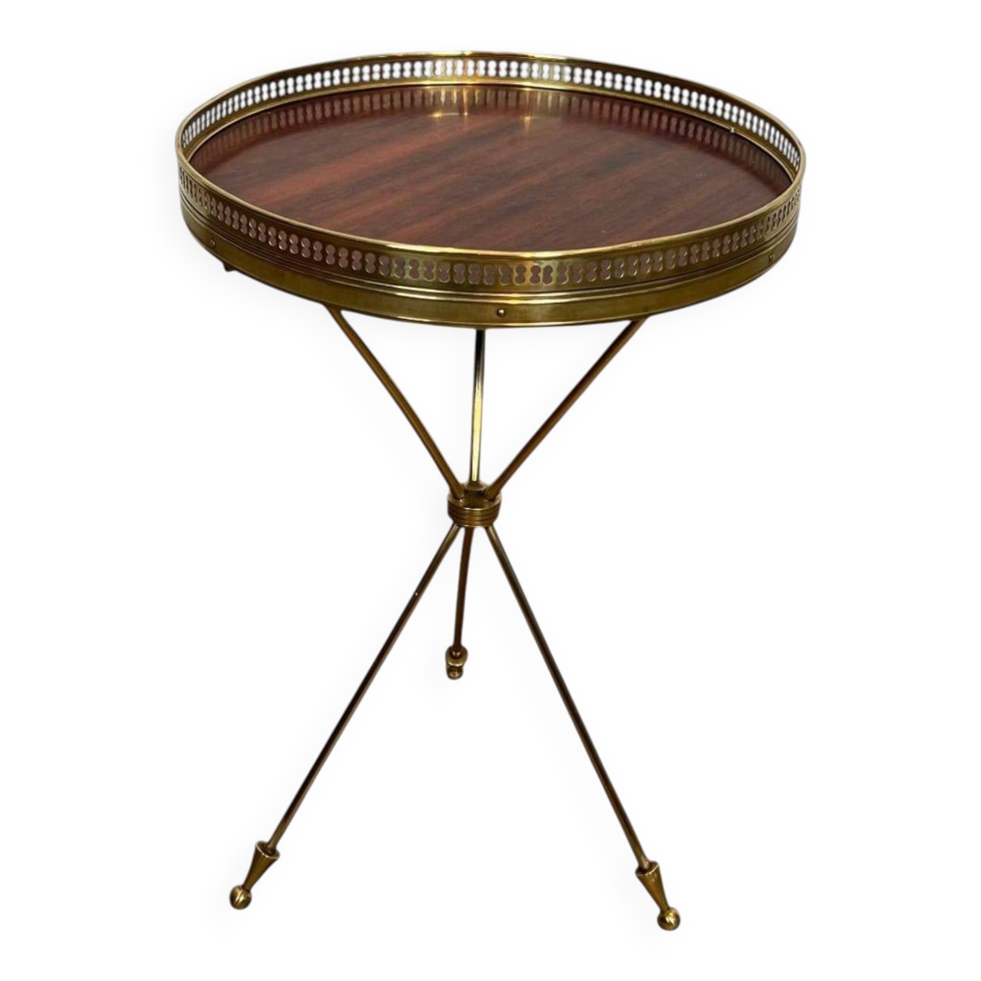 Tripod Side Table in Brass with Mahogany Top and Openwork Gallery. St. Trava