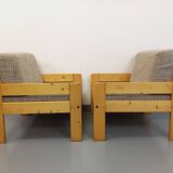 Set of 2 vintage fireside chairs in pine and fabric from the 70s
