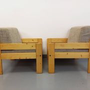 Set of 2 vintage fireside chairs in pine and fabric from the 70s