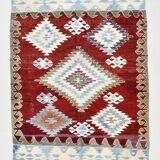 5x8 Geometric Wine Red Blue Vintage Rug, 144x241Cm